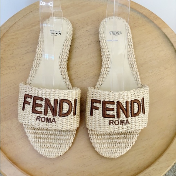 Fendi Shoes - Fendi Signature Raffia Slip On Slides